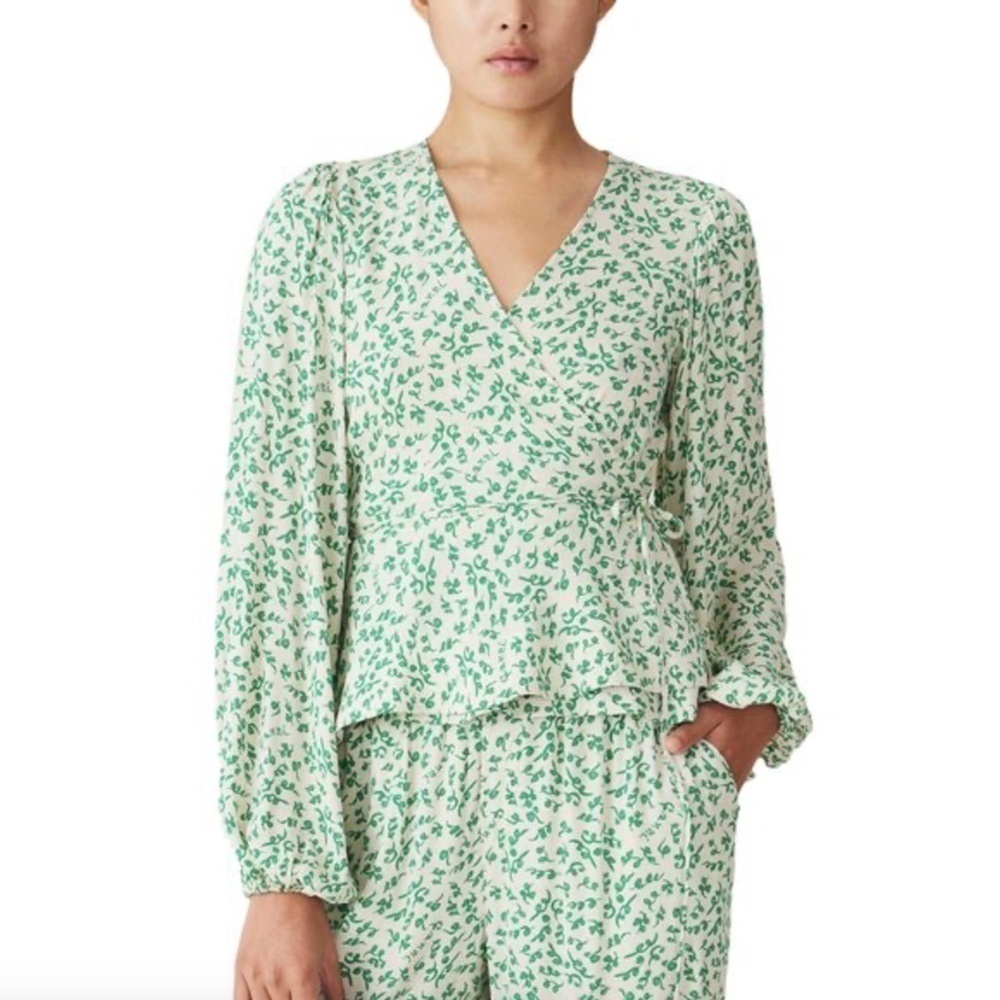 Nwt Ganni Printed Wrap Top In Tapioca Peplum Puff Sleeve Size Eur 40 Us 8/10